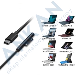 Kabel USB-C męski + opaska do Microsoft Surface Pro 4 / 5 / 6 GO / Book / Laptop 1,5 m